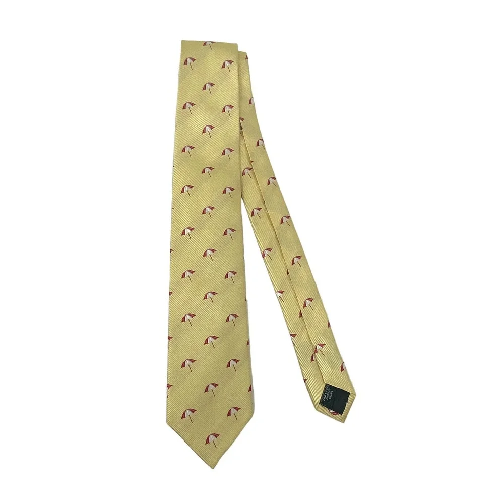 J.Crew Mens Silk Tie Yellow with Red & White Umbrellas Slim Skinny Neck Tie